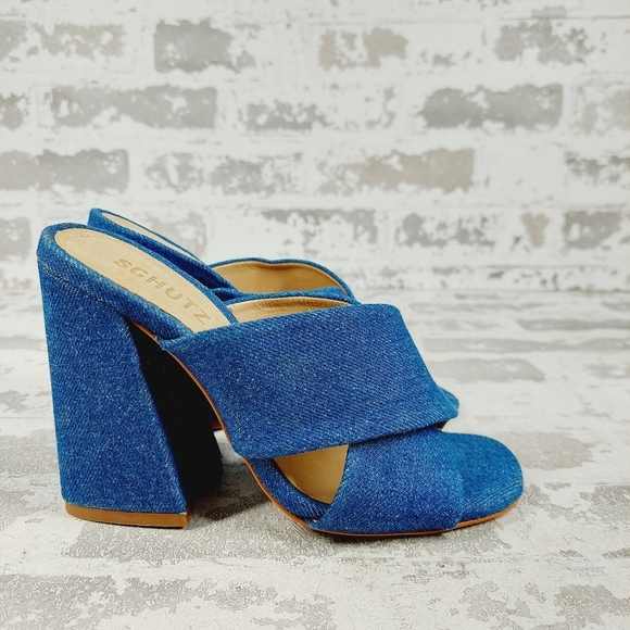 NEW Schutz Callie Blue Velvet Crossover Heeled Mule Sandals F653 - Picture 5 of 12
